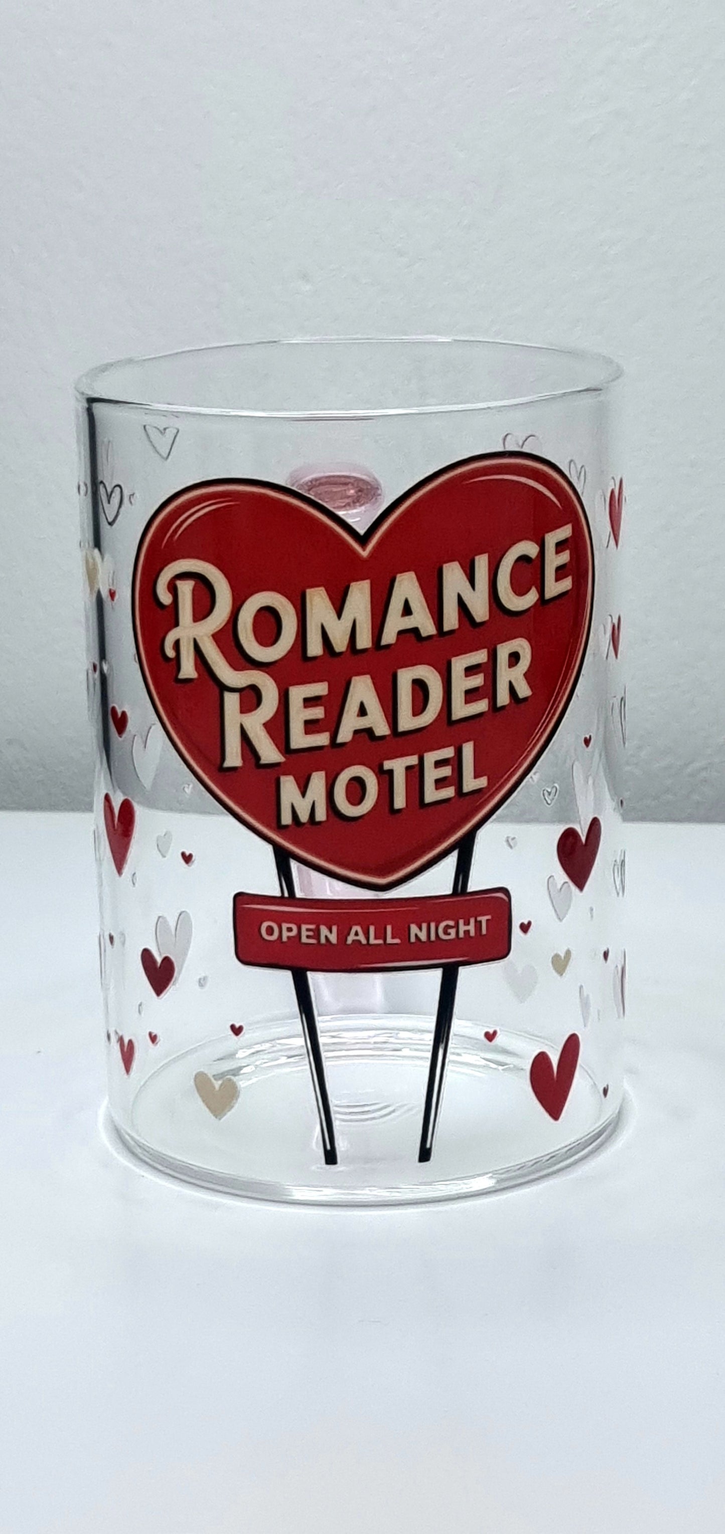Romance Reader Motel Small Glass Mug with pink handle