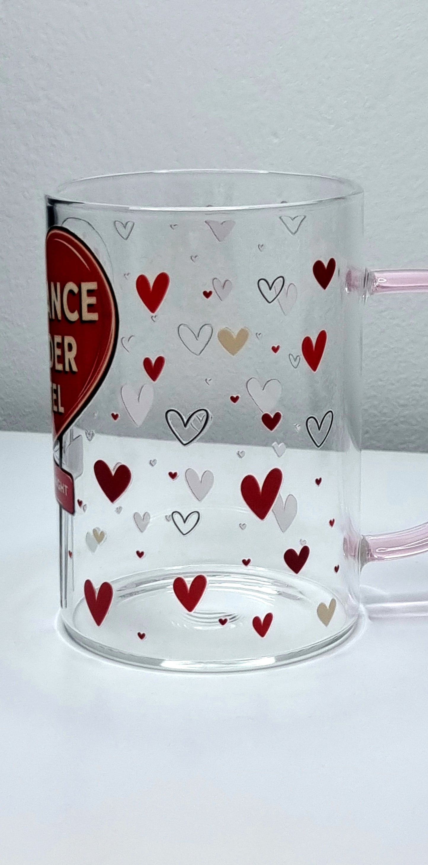 Romance Reader Motel Small Glass Mug with pink handle