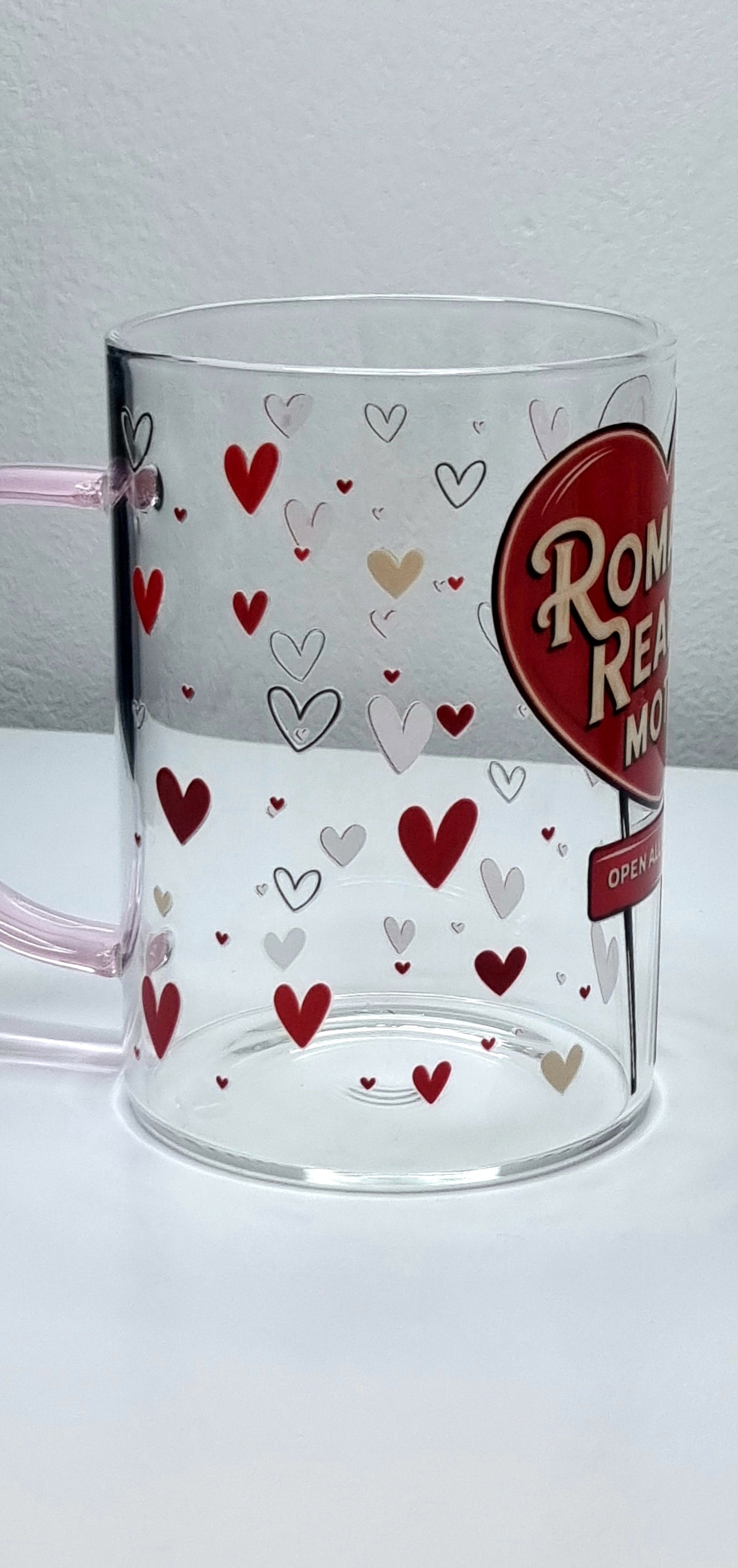Romance Reader Motel Small Glass Mug with pink handle