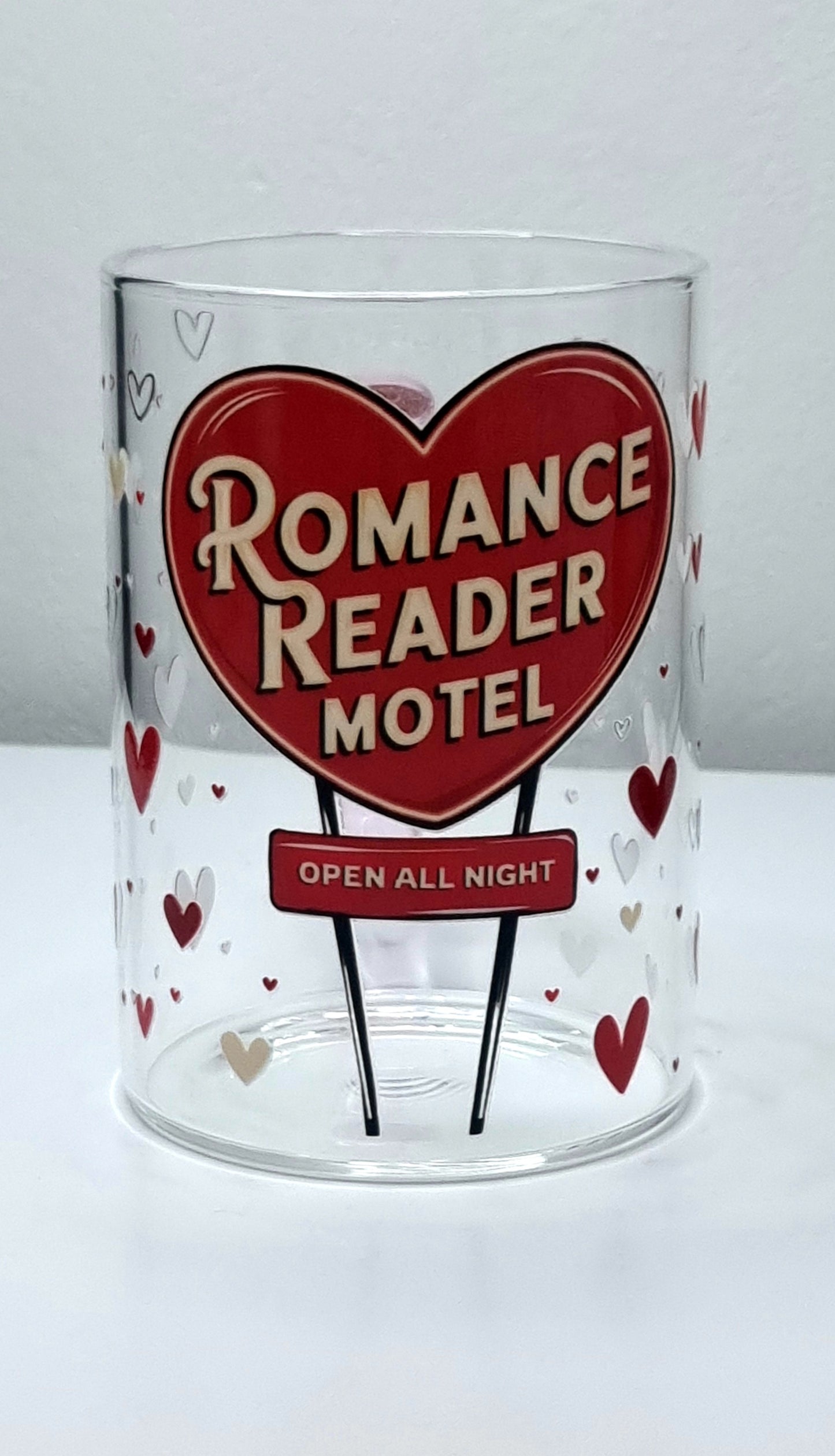 Romance Reader Motel Small Glass Mug with pink handle