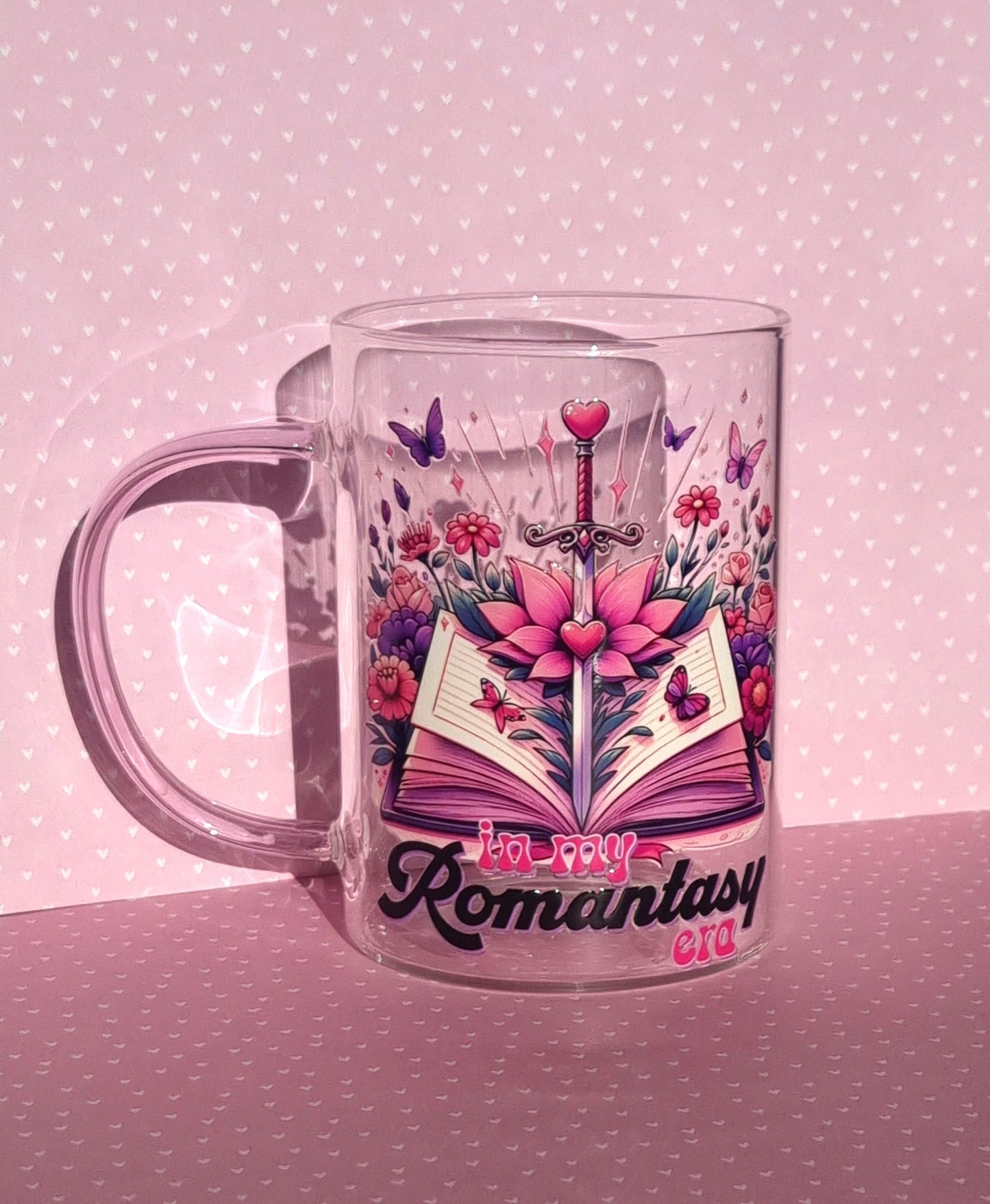 Romantasy Era Small Glass Mug with pink handle