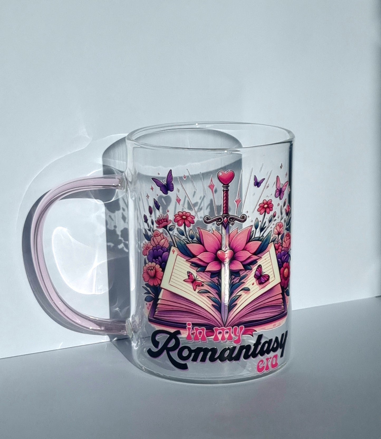 Romantasy Era Small Glass Mug with pink handle