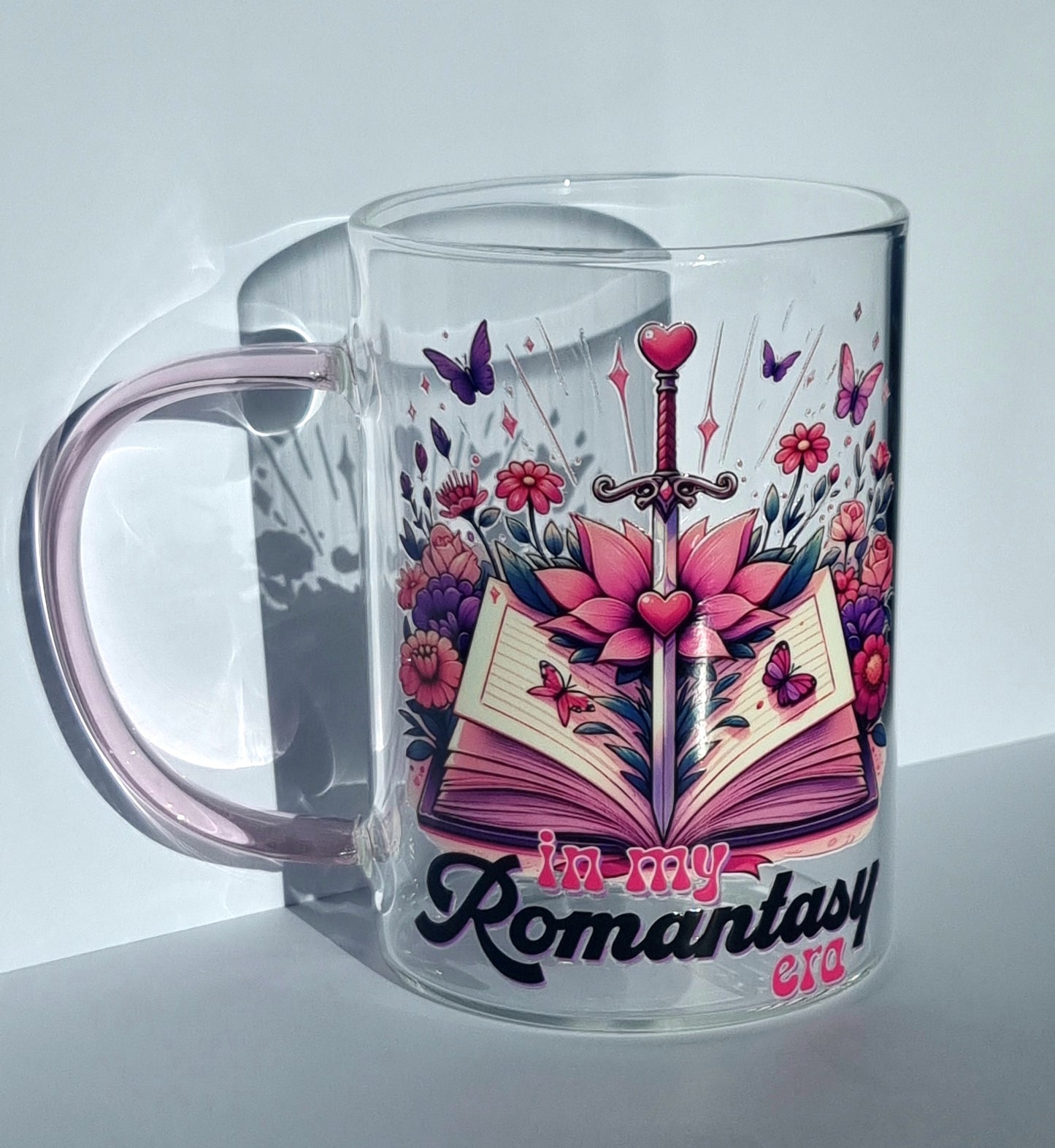 Romantasy Era Small Glass Mug with pink handle