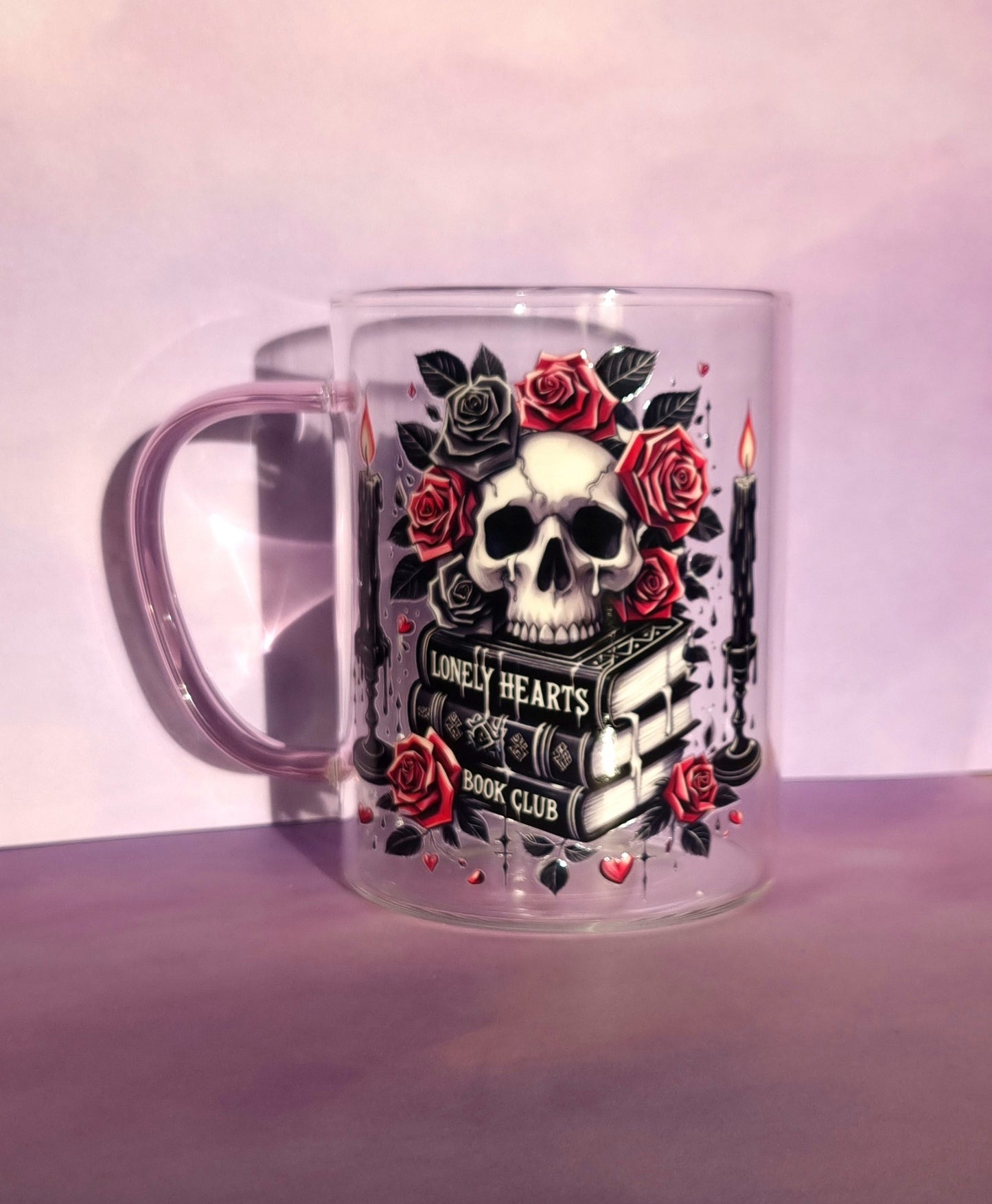 Lonely Hearts Bookclub Glass Mug with pink handle