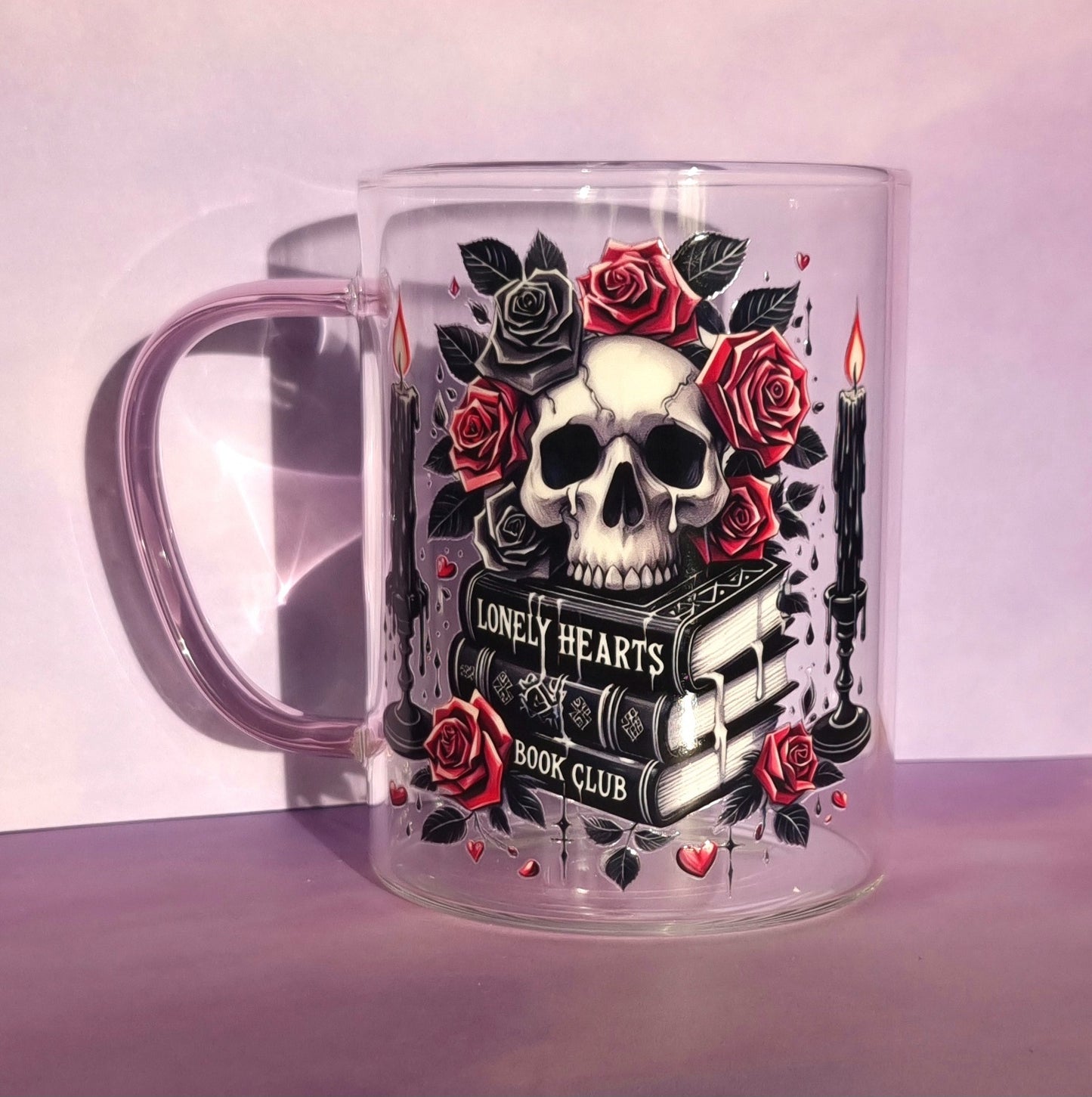 Lonely Hearts Bookclub Glass Mug with pink handle