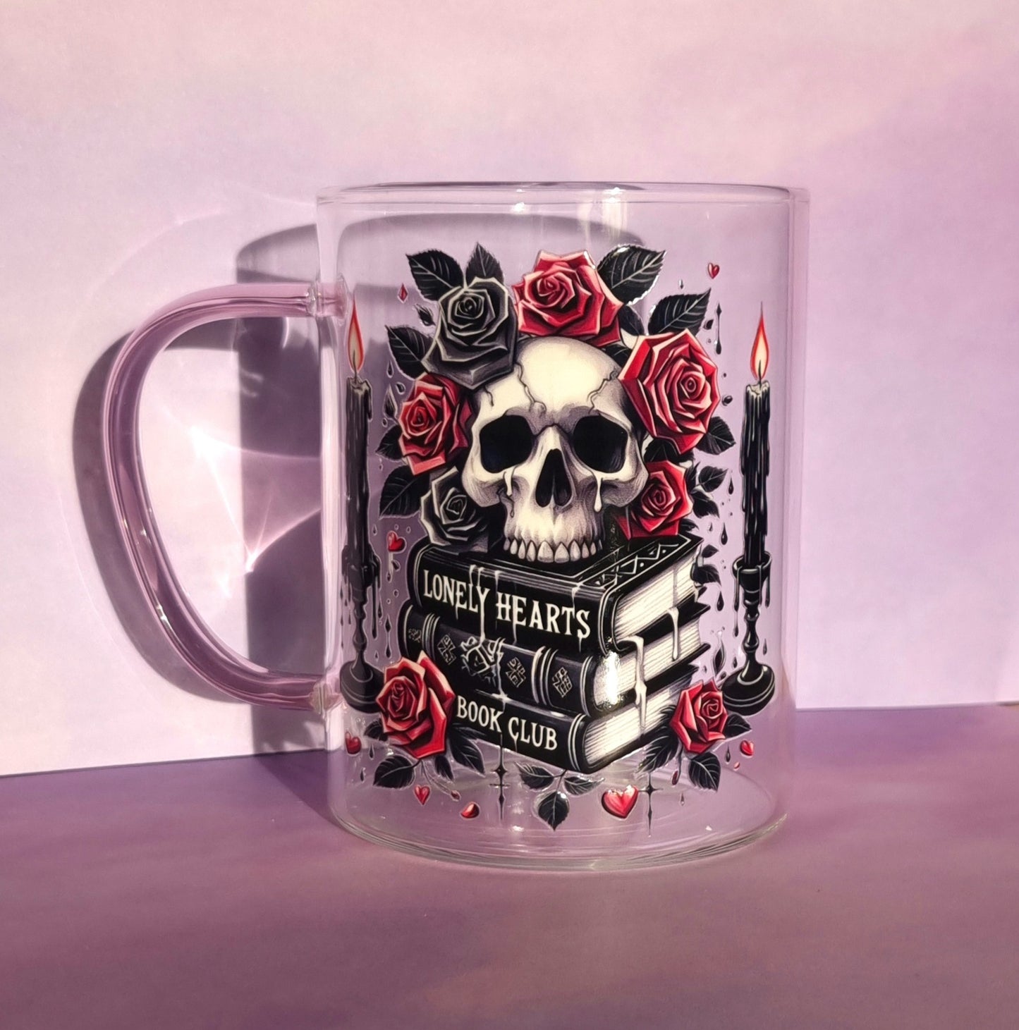 Lonely Hearts Bookclub Glass Mug with pink handle