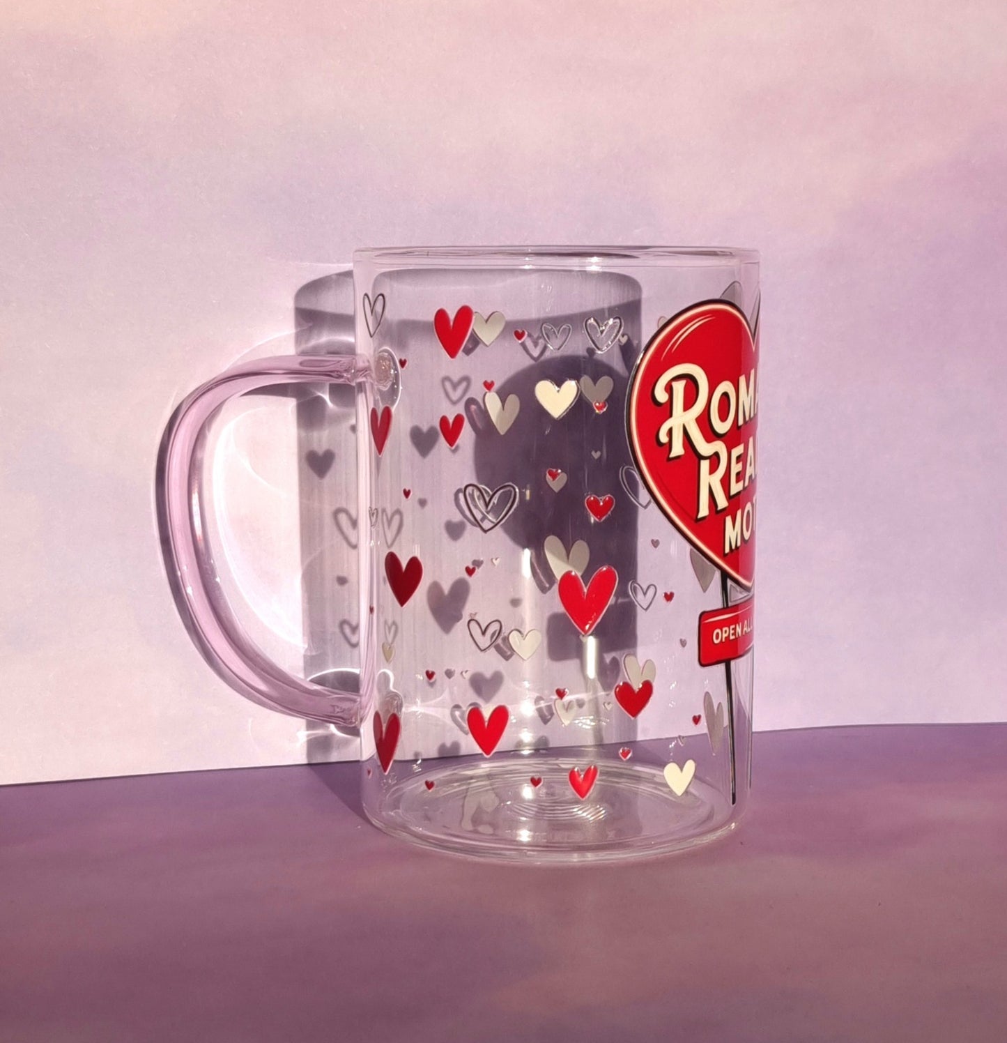 Romance Reader Motel Small Glass Mug with pink handle