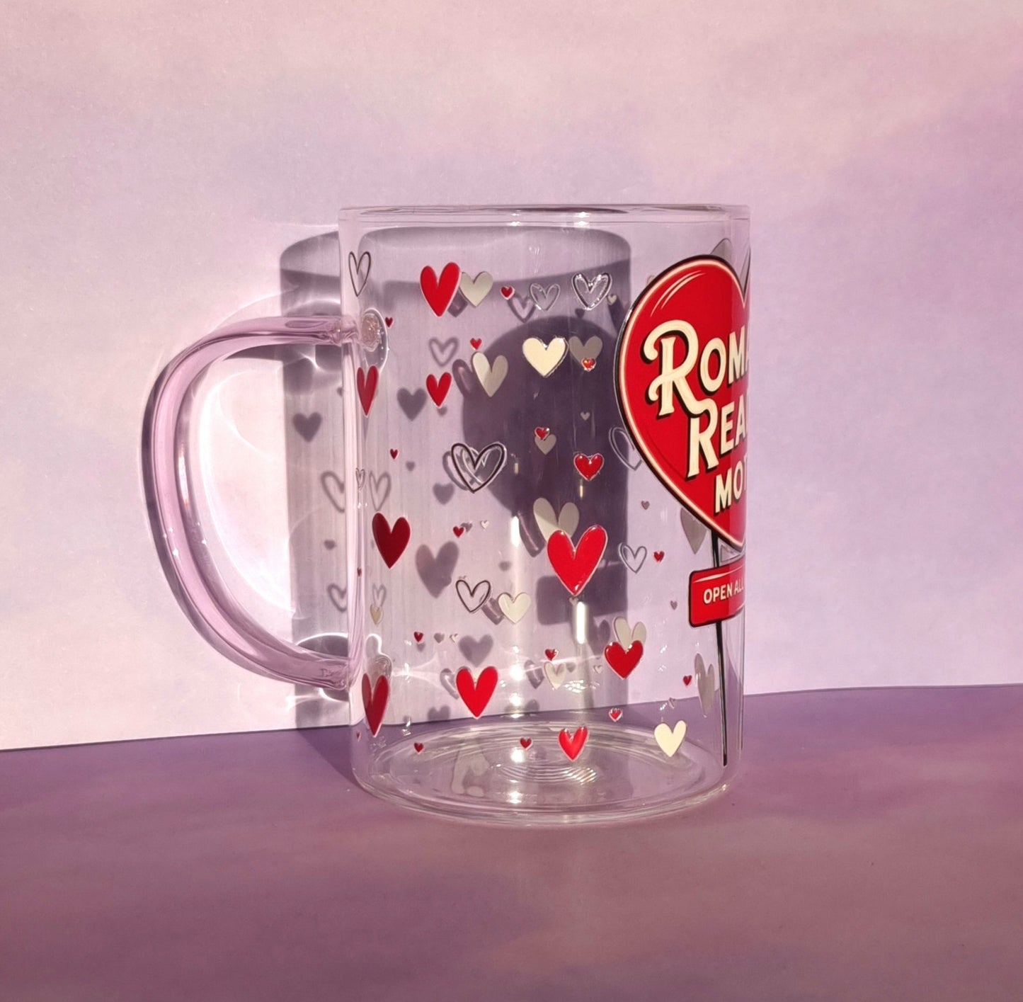Romance Reader Motel Small Glass Mug with pink handle
