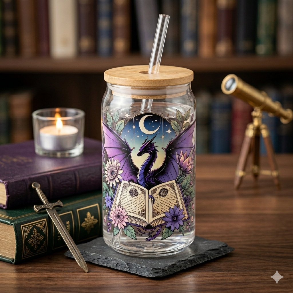Fantasy Dragon Bookish Glass Cup 500ml with bamboo lid, glass straw