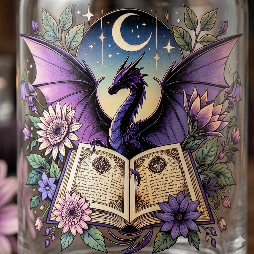 Fantasy Dragon Bookish Glass Cup 500ml with bamboo lid, glass straw