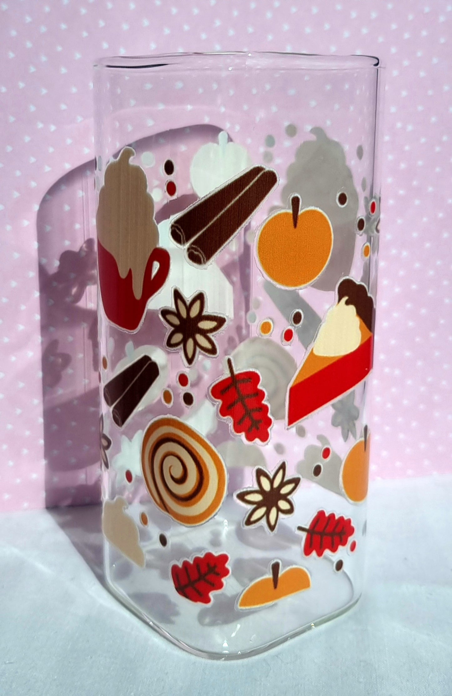 Autumn Sweet Treats Print Square Glass Cup 330ml - IMPERFECT