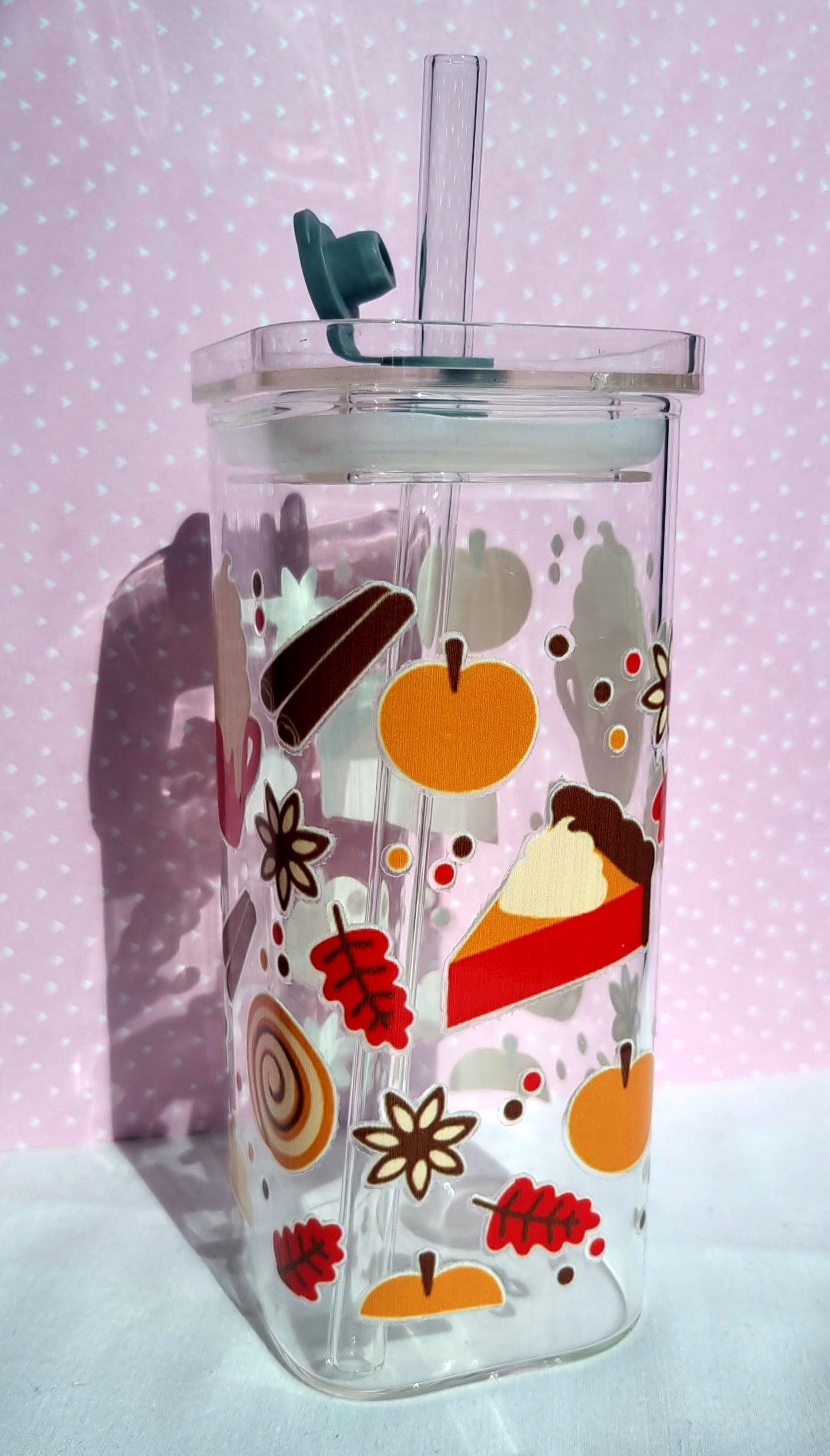 Autumn Sweet Treats Print Square Glass Cup 330ml - IMPERFECT