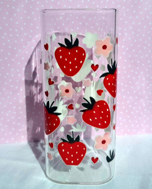 Strawberry Print Square Glass Cup 330ml