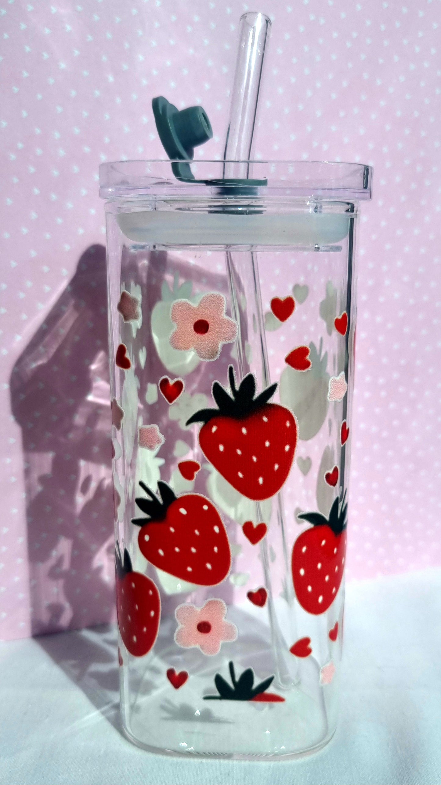 Strawberry Print Square Glass Cup 330ml