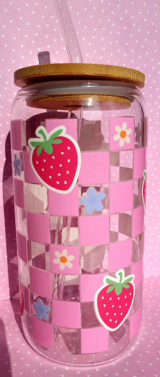 Strawberry Checkerboard Print Glass Cup 500ml