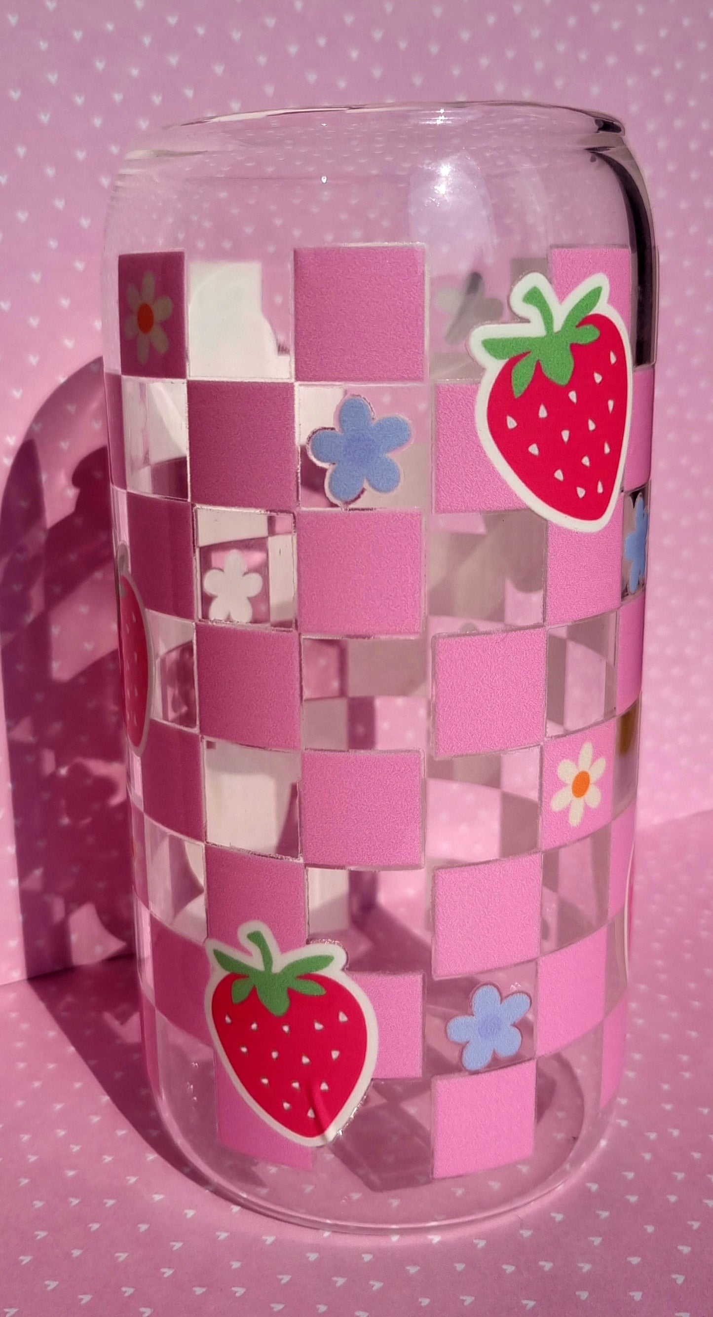 Strawberry Checkerboard Print Glass Cup 500ml