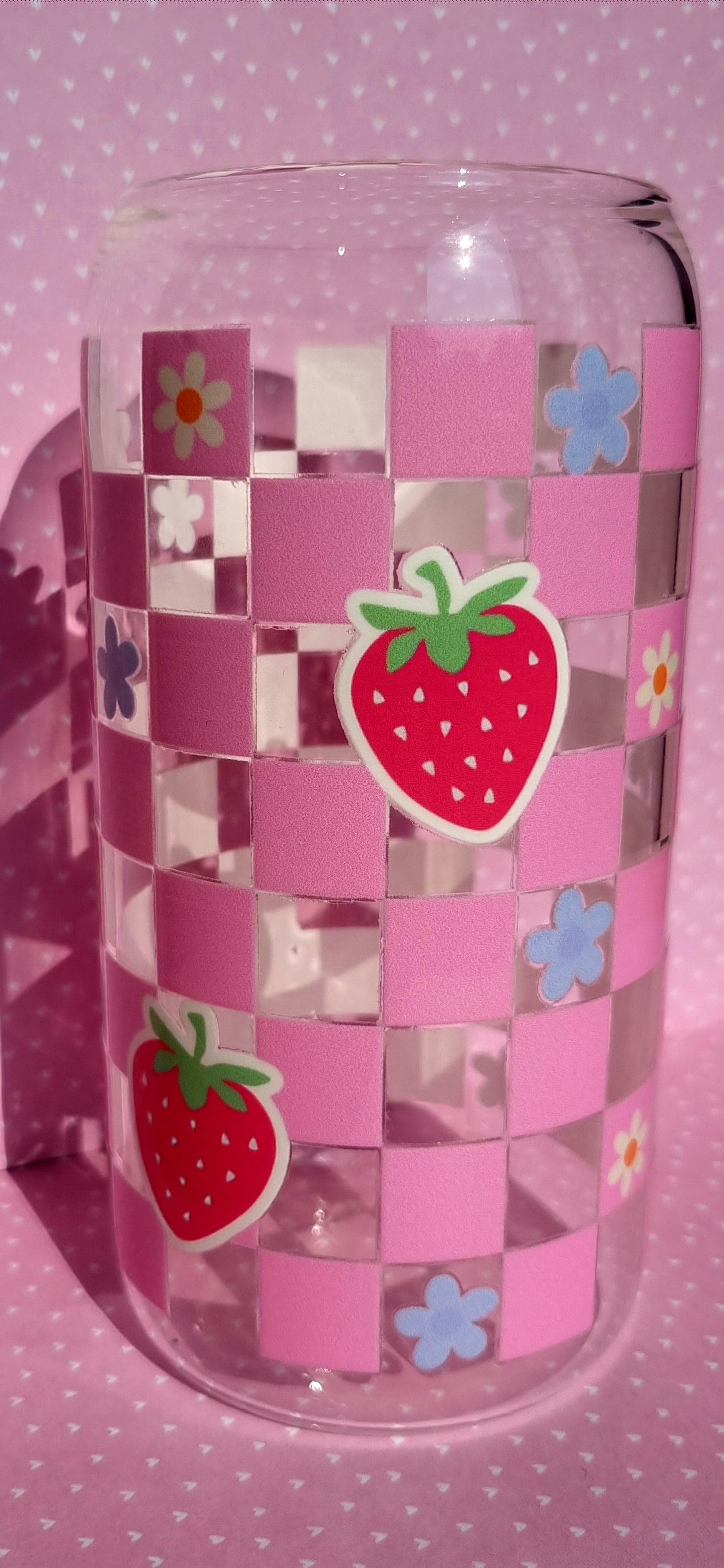 Strawberry Checkerboard Print Glass Cup 500ml