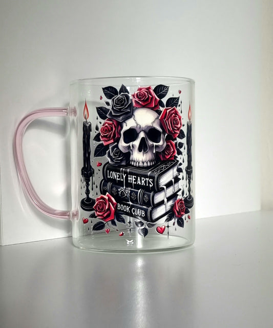 Lonely Hearts Bookclub Glass Mug with pink handle