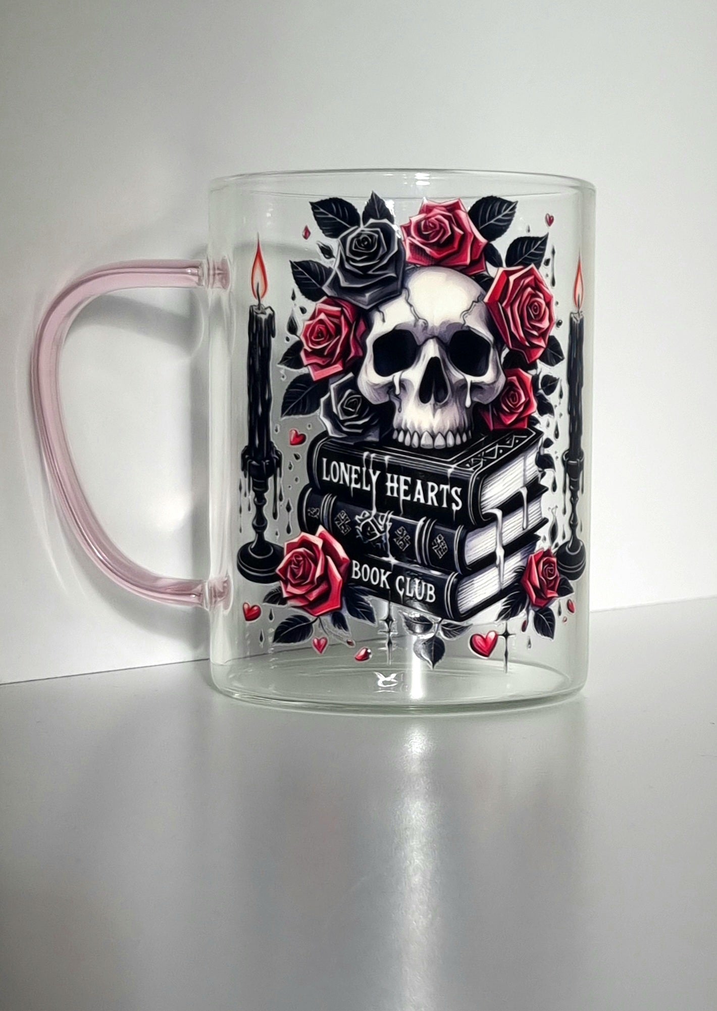 Lonely Hearts Bookclub Glass Mug with pink handle