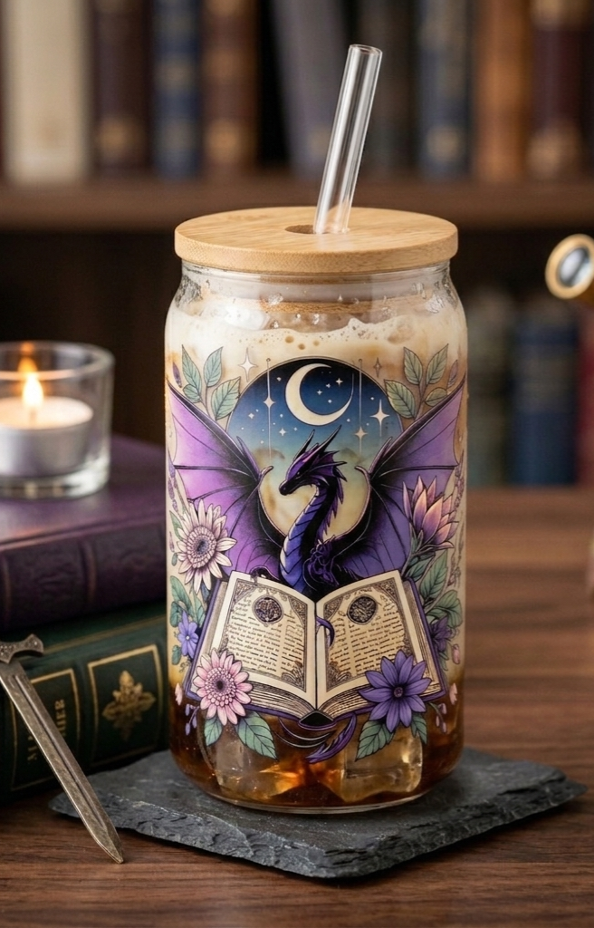 Fantasy Dragon Bookish Glass Cup 500ml with bamboo lid, glass straw