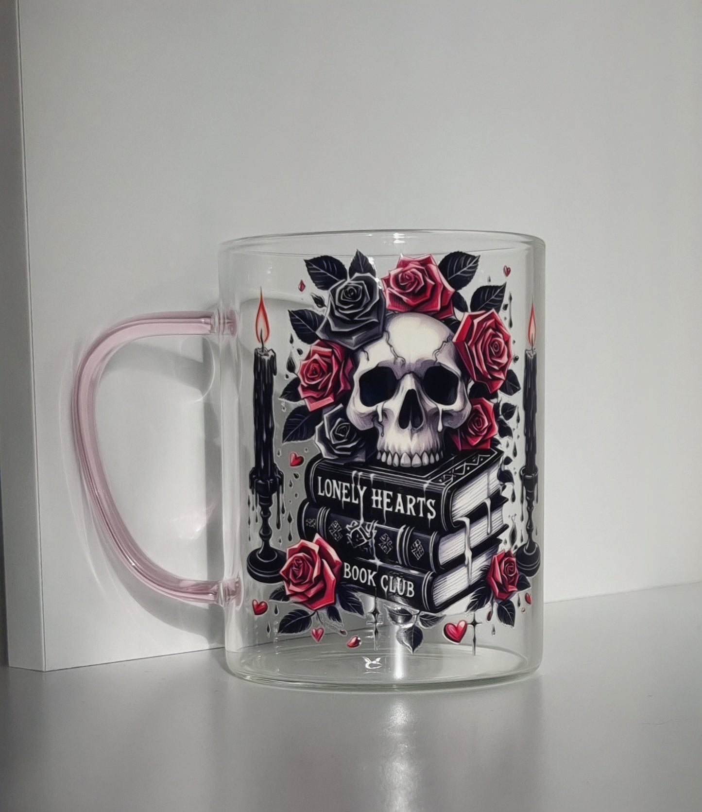 Lonely Hearts Bookclub Glass Mug with pink handle