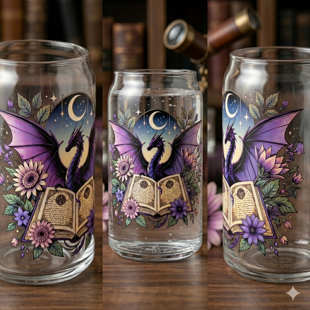 Fantasy Dragon Bookish Glass Cup 500ml with bamboo lid, glass straw
